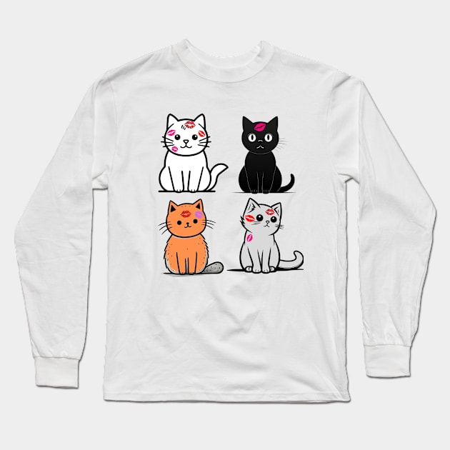 Cat Kisses - Cute Cat Lipstick Design Long Sleeve T-Shirt by Melty Shirts